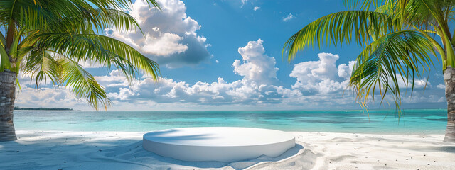 Beach with white sand and palm trees blue sky with sun empty round podium for product presentation