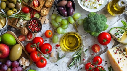 A vibrant assortment of Mediterranean ingredients including fresh tomatoes, olives, broccoli, grapes, and cheese. Displayed with olive oil, spices, and herbs on a rustic surface, healthy produce