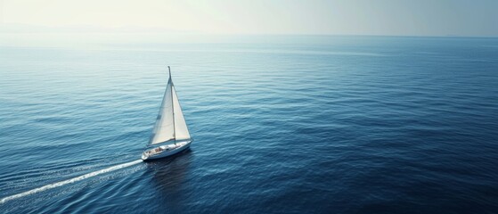 A sailboat with white sails navigates the calm, expansive blue sea under a clear sky, creating a serene and peaceful atmosphere