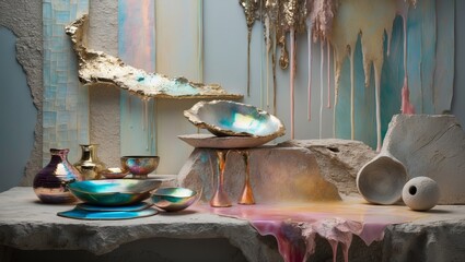 Wall Mural - A collection of iridescent ceramic bowls and vases sit on a stone tabletop with dripping paint