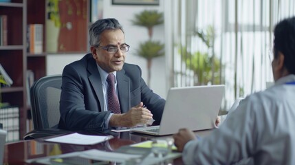 Poster - A man in a suit is sitting at a desk with a laptop in front of him. He is talking to another man who is standing behind him. The scene appears to be a business meeting or a professional discussion