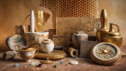 Wall Mural - A collection of ancient pottery and gold artifacts arranged on a tabletop