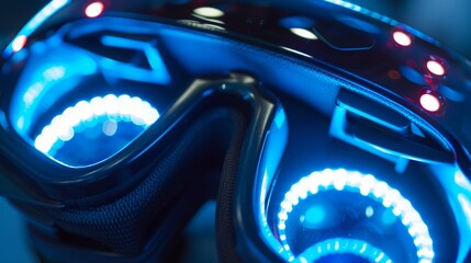 The vibrant blue glow of LED lights on a VR headset indicating that the device is powered on and ready for virtual adventure.