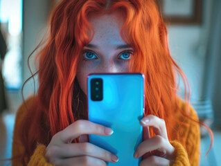 Wall Mural - A woman with orange hair is holding a cell phone up to her face. She is looking at the screen, possibly checking a message or taking a picture. Concept of modern technology