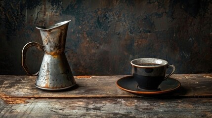 Sticker - Vintage cup and metal coffee pot with black coffee set against dark background