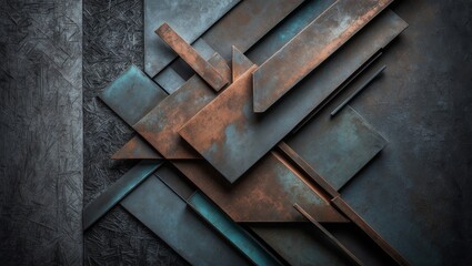 Wall Mural - Geometric shapes of rusted metal on a dark, textured background