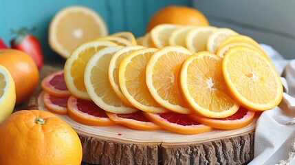 Wall Mural -   An array of orange wedges atop a wooden board alongside orange spheres