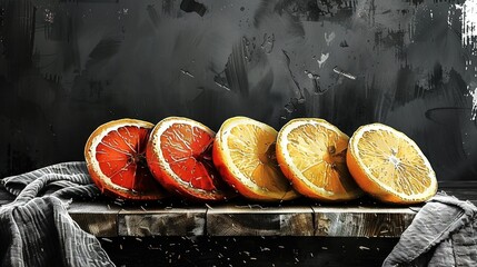 Wall Mural -   Oranges on table with cloth stacked nearby