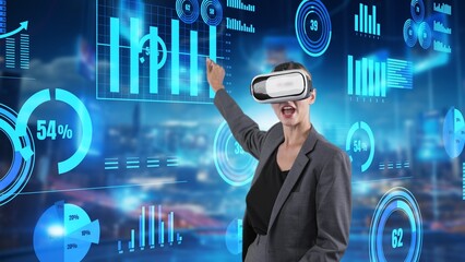 Poster - Woman reporter presenting news of pointing market data graph analysis via VR future global innovation business interface digital infographic network technology visual hologram animation. Contraption.