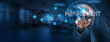 © Harsha - A smart solution to management challenges. Businessman points at virtual management network connecting service with graphical icons in management, finance, marketing, industry.