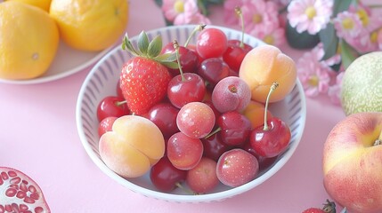 Wall Mural -   A bowl of cherries and a bowl of peaches on a pink tablecloth with flowers in the background