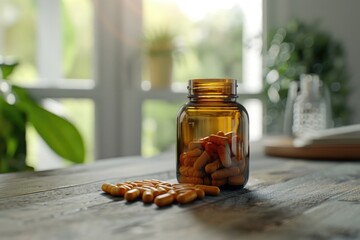 Wall Mural - A jar of pills sits on a wooden table. The pills are in a brown bottle and are scattered around the jar. The scene is calm and peaceful, with the jar of pills being the only object in the image