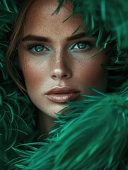 Canvas Print - A woman with green hair and green feathers covering her face