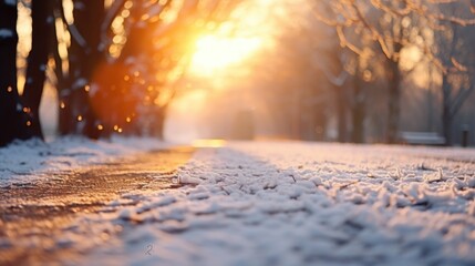 Wall Mural - A snowy path with a sun shining through the trees. The sun is casting a warm glow on the snow, creating a peaceful and serene atmosphere