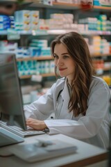 Wall Mural - A woman in a white lab coat is sitting at a computer in a pharmacy. She is smiling and she is happy