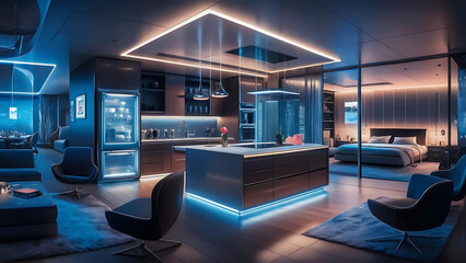 A modern illustration of digital smart neon outline home with artificial intelligence concept