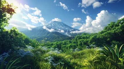 Wall Mural - Scenic view of snow capped mountain peak towering over lush green tropical forest. Concept of adventure, travel, nature, and environment