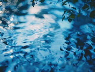 Poster - The water is calm and blue, with a few leaves floating on top. The reflection of the sky and the sun can be seen in the water