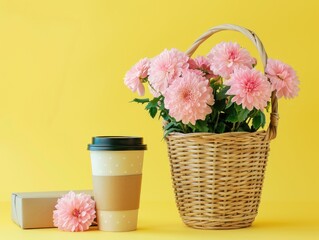 Wall Mural - A basket of pink flowers sits on a yellow table next to a coffee cup. The flowers are arranged in a way that they are visible from all angles, and the basket is woven to give it a rustic feel