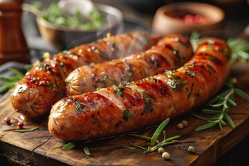 Wall Mural - Fried sausages with sauces and herbs on wooden serving Board. Great beer snack on a dark background