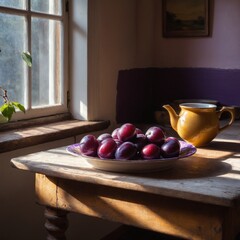 Wall Mural - Cozy rustic kitchen interior with plum fruits on old wooden table.