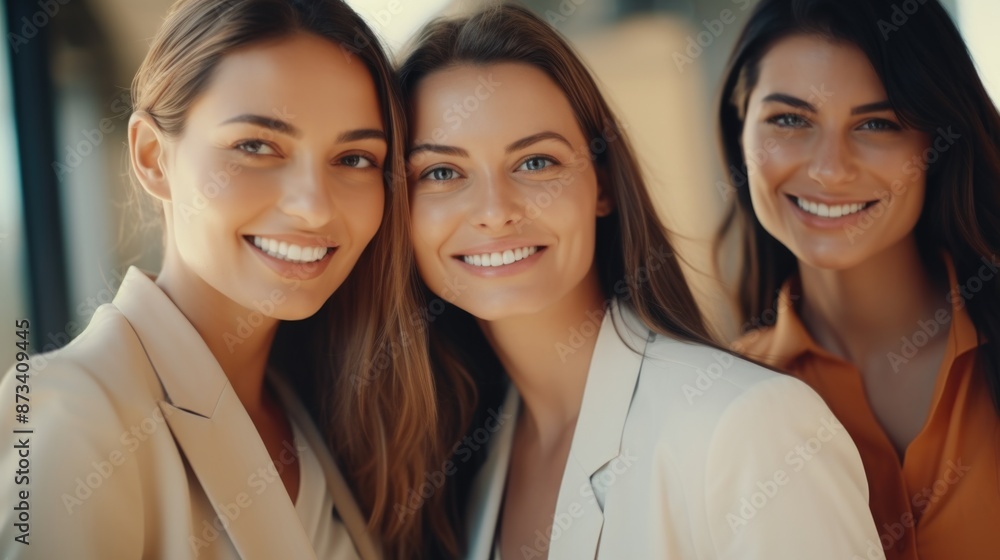 Three women are smiling and posing for a photo. They are all wearing ...