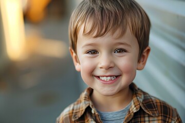 Poster - Close-up portrait of a happy young boy with a charming smile in natural outdoor light