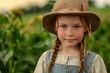 © anatolir - Portrait of a child with a hat standing among sunflowers, conveying innocence and nature
