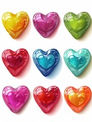 Wall Mural - A row of colorful hearts are displayed in a row. The hearts are of different colors and sizes, and they are all arranged in a row. Concept of joy and happiness