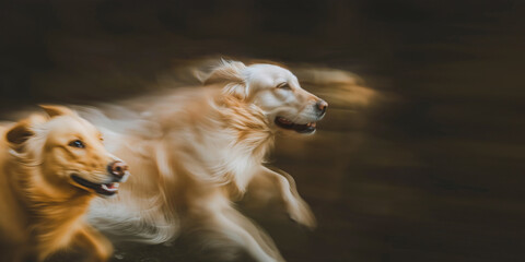 Wall Mural - Blurred in motion two golden retriever dogs running fast.
