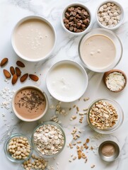 Wall Mural - A variety of ingredients are laid out on a marble countertop, including nuts, oats, and chocolate chips. The scene suggests a kitchen or a baking area, where someone is preparing a dessert or a snack