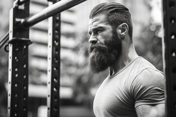 Poster - A man with a beard stands in front of a gym equipment. He looks determined and focused. Concept of strength and dedication to fitness