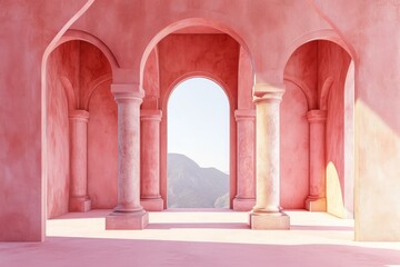 Wall Mural - Elegant, surreal pink archway overlooking a distant mountain range, bathed in soft light