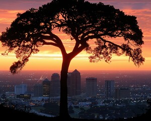 Wall Mural - Silhouette of a Sprawling Tree Overlooking a Cityscape at Vibrant Sunset with Skyline in the Background