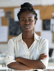 Poster - A woman with a black hair and wearing a white shirt and gold earrings. She is standing with her arms crossed