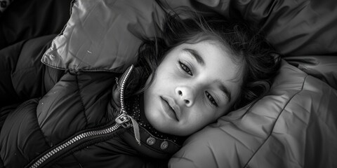 Wall Mural - A girl is laying on a bed with her head on a pillow. She is wearing a black jacket and she is sad