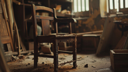 A wooden chair stands in the middle of a room, patiently waiting for a craftsman to repair it.

