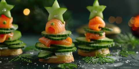 Canvas Print - Three cucumber trees with carrots on top. The cucumbers are stacked on top of each other, and the carrots are placed on top of the cucumbers. The image has a festive and creative vibe