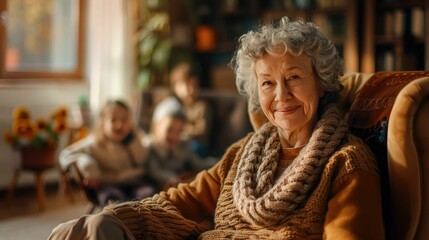 Poster - The picture of the grandmother sitting in the chair, knitting the cloth with the warm smile with children family, the knitting require skills like concentration, knitting skills and patience. AIG43.