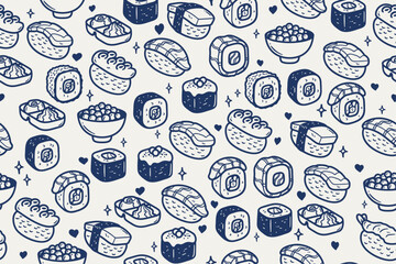 Fototapete - Japanese cuisine - seamless pattern. Vector seamless pattern of sushi and rolls.