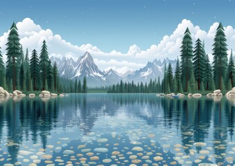 Wall Mural - Serene Mountain Lake Landscape Featuring Snow-Capped Peaks, Calm Waters, Reflective Surface, and Lush Pine Trees Under Clear Blue Sky