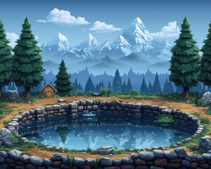 Wall Mural - Serene Mountain Lake Oasis Surrounded by Pine Trees with Majestic Snow-Capped Peaks in the Distance During Crisp Clear Day