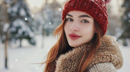 Poster - A woman wearing a red hat and a brown coat. She has a red nose and is smiling