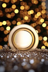 Wall Mural - A gold plate with a white circle on it sits on a table next to a Christmas tree. The plate is surrounded by glitter, giving it a festive and celebratory feel