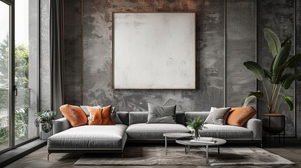 Wall Mural - Modern Living Room Interior Design with a Gray Sofa and a Large Canvas