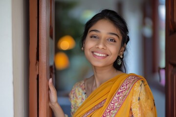 Wall Mural - A woman in a yellow sari is smiling and posing for a picture. Concept of happiness and warmth, as the woman's smile and the bright colors of her outfit create a cheerful atmosphere