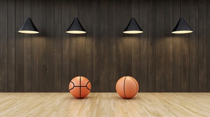 Wall Mural - Two basketballs are positioned on a wooden floor in front of a dark wood panel wall with four pendant lights hanging overhead.