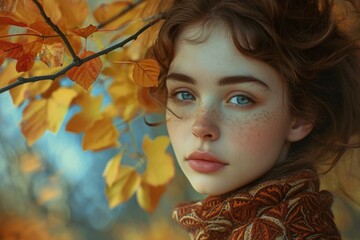 Canvas Print - Close-up of a young woman with freckles surrounded by vibrant autumn foliage