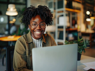 Poster - A woman with curly hair and glasses is sitting at a desk with a laptop open in front of her. She is smiling and she is enjoying herself