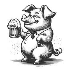 Wall Mural - cartoon pig in a shirt and tie, happily holding a beer mug, showcasing vintage illustration style sketch engraving generative ai vector illustration. Scratch board imitation. Black and white image.